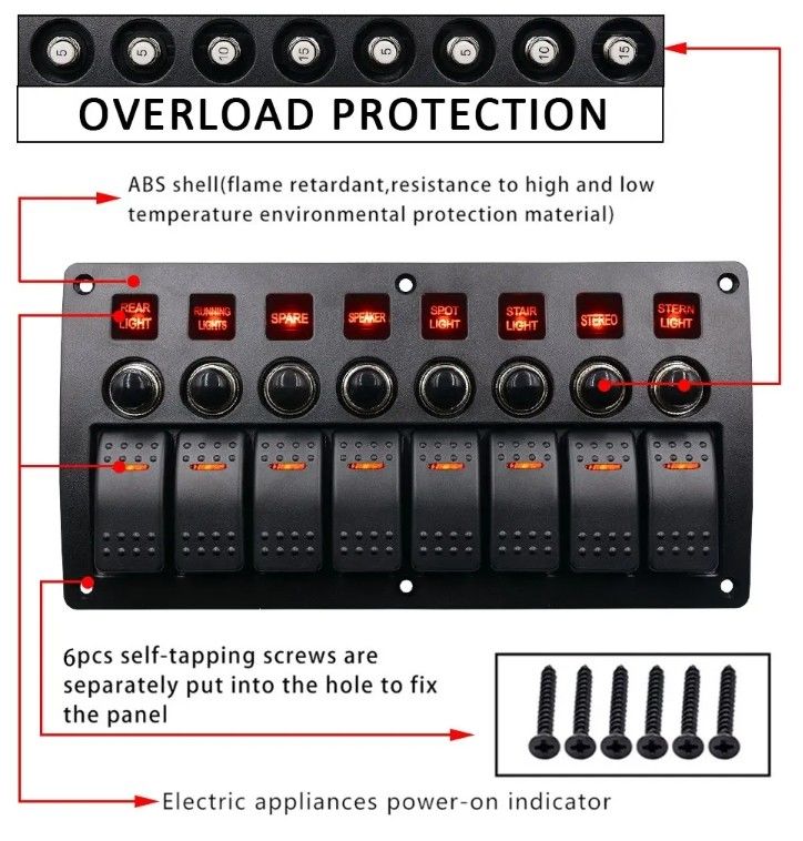 Pada Off Aluminium Rocker Switch Panel Waterproof 8 Gang 3 Pin Pemutus Sirkuit Perlindungan Overload