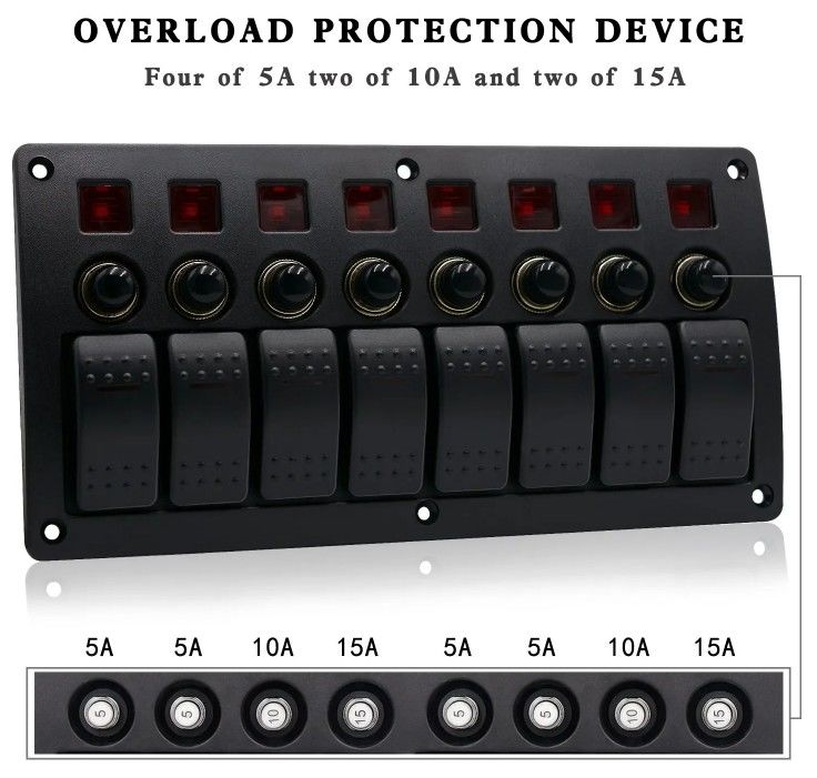 Pada Off Aluminium Rocker Switch Panel Waterproof 8 Gang 3 Pin Pemutus Sirkuit Perlindungan Overload