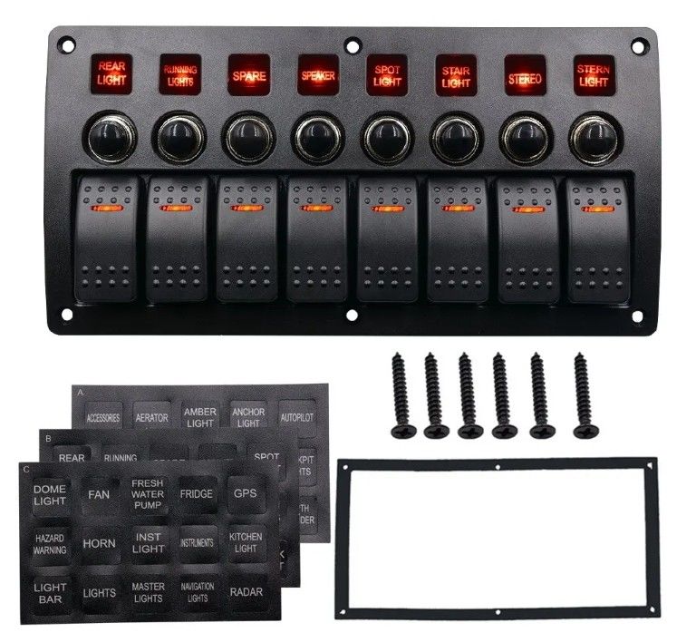 Pada Off Aluminium Rocker Switch Panel Waterproof 8 Gang 3 Pin Pemutus Sirkuit Perlindungan Overload