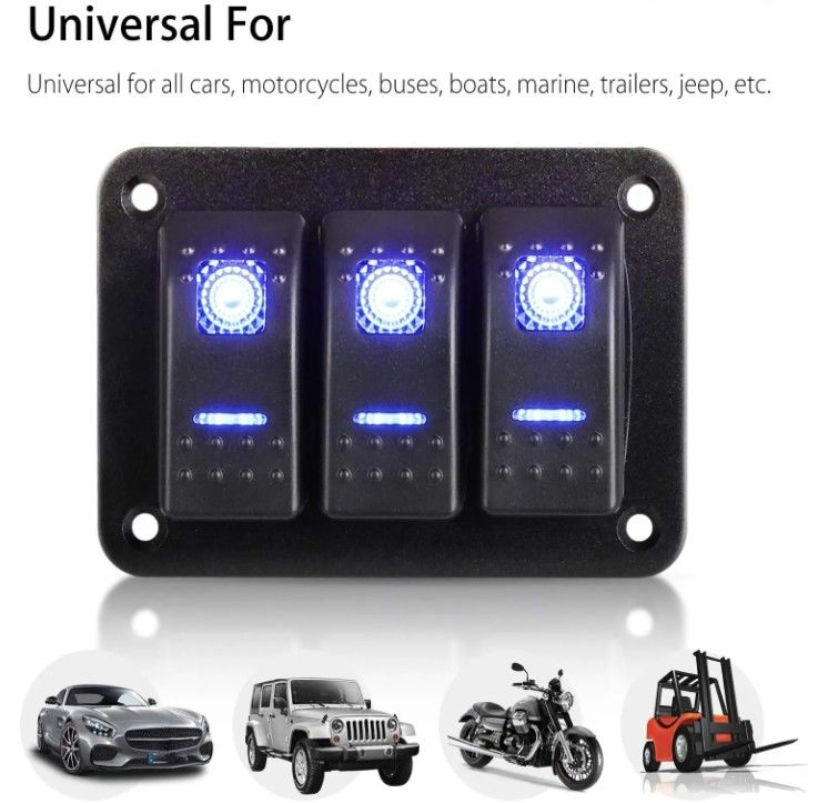 DC 12V 24V Blue LED Backlit 3 Gang Aluminium 5 Pin ON Off Toggle Rocker Switch Panel