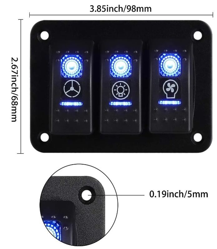 DC 12V 24V Blue LED Backlit 3 Gang Aluminium 5 Pin ON Off Toggle Rocker Switch Panel