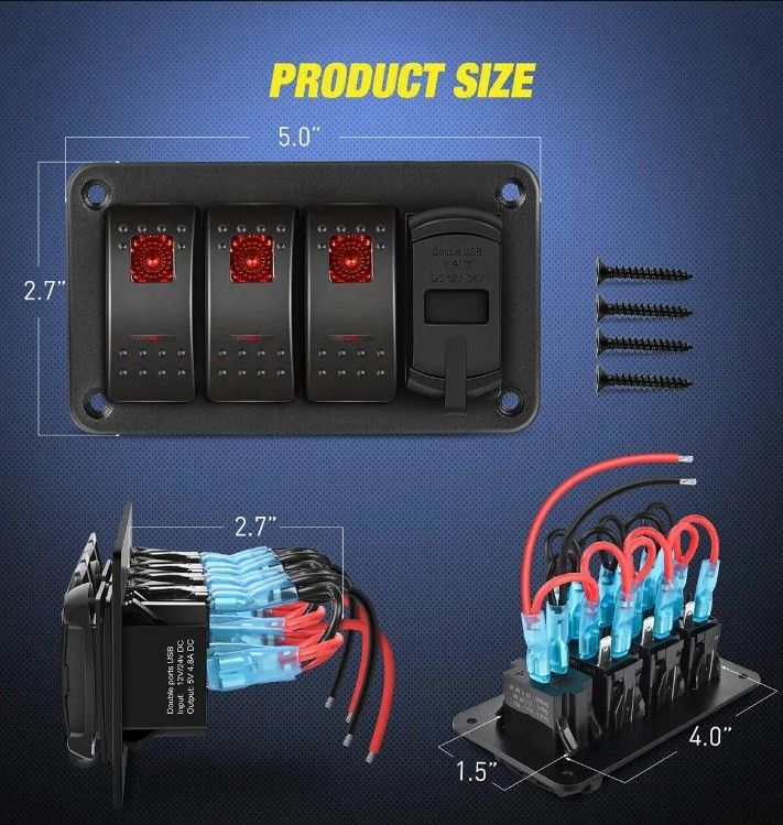 DC12V 24V 3 Gang Red LED Light Rocker Switch Panel Box Dengan Dual 4.8A USB Charger Voltmeter Untuk Mobil Marinir Truk Kapal