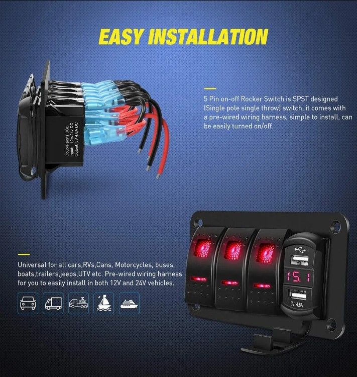 DC12V 24V 3 Gang Red LED Light Rocker Switch Panel Box Dengan Dual 4.8A USB Charger Voltmeter Untuk Mobil Marinir Truk Kapal