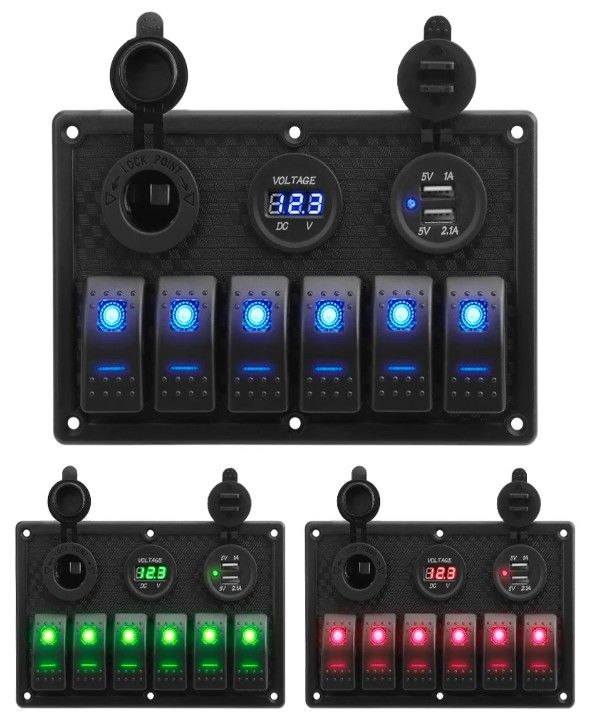 Waterproof Marine Boat Rocker Switch Panel 6 Gang Dengan Dual USB Socket 3.1A Volt Meter Blue LED Light