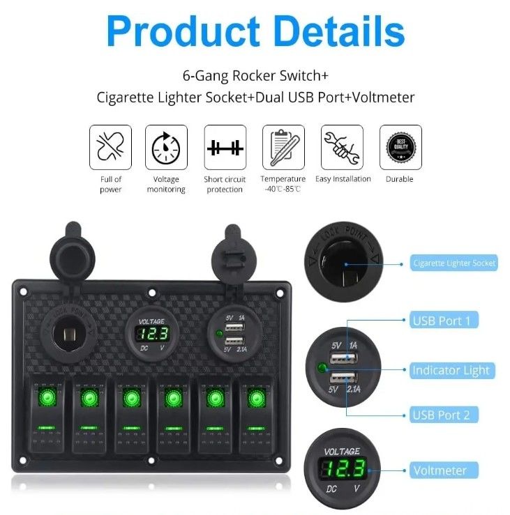 Waterproof Marine Boat Rocker Switch Panel 6 Gang Dengan Dual USB Socket 3.1A Volt Meter Blue LED Light