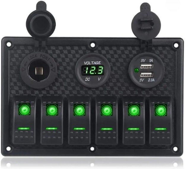 Waterproof Marine Boat Rocker Switch Panel 6 Gang Dengan Dual USB Socket 3.1A Volt Meter Blue LED Light
