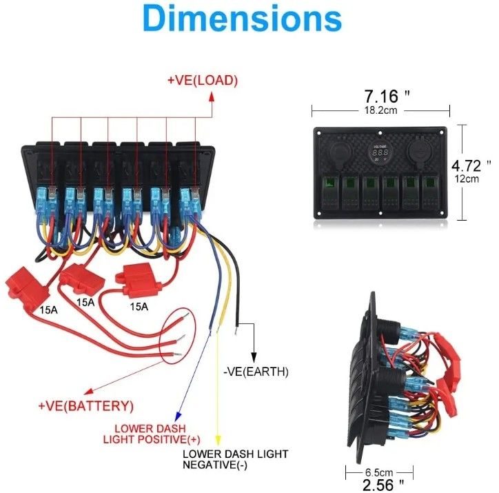 Waterproof Marine Boat Rocker Switch Panel 6 Gang Dengan Dual USB Socket 3.1A Volt Meter Blue LED Light
