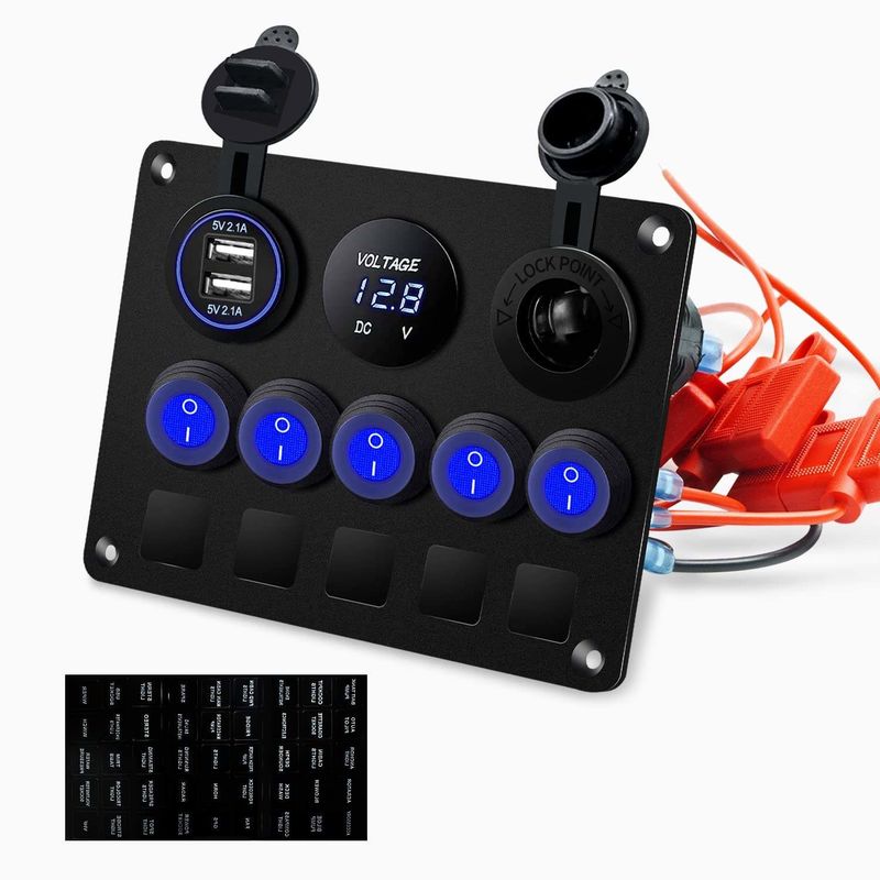 5 Gang Waterproof Rocker Switch Panel Dengan Dual USB Slot Socket Dengan Lampu LED Biru