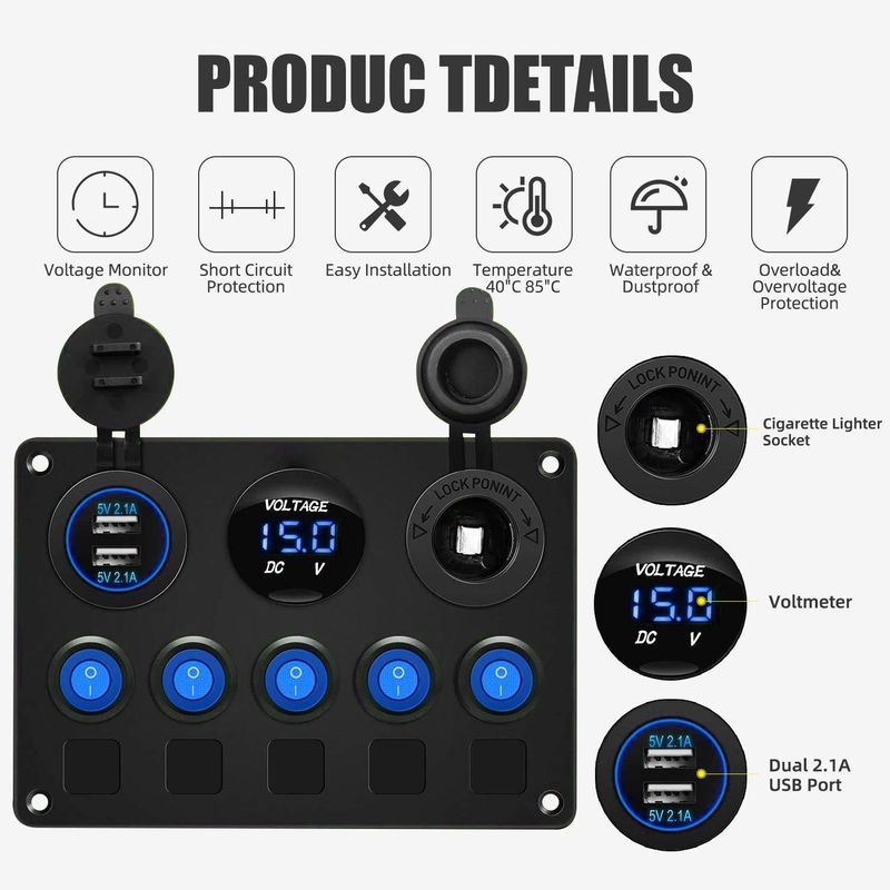 5 Gang Waterproof Rocker Switch Panel Dengan Dual USB Slot Socket Dengan Lampu LED Biru