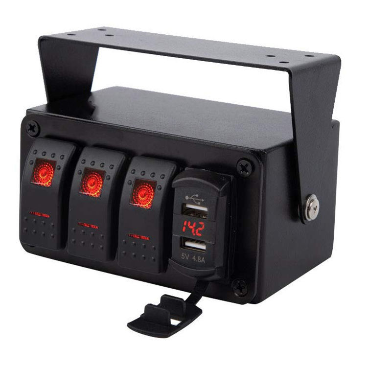 DC12V 24V 3 Gang Red LED Light Rocker Switch Panel Box Dengan Dual 4.8A USB Charger